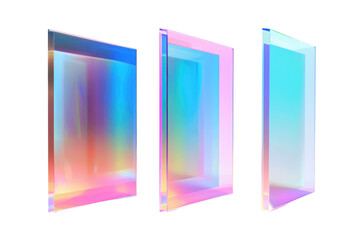 Futuristic transparent glass panels with vibrant gradient colors in floating arrangement in isolated on transparent or white background