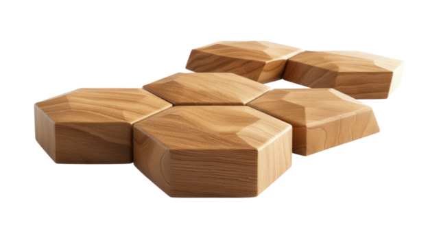 Geometric wooden hexagonal block set arranged in a modern and aesthetically pleasing design, perfect for creative projects and decor in isolated on transparent or white background