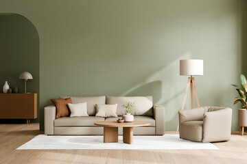 Modern living room with green wall and minimal decor. 3d render.
