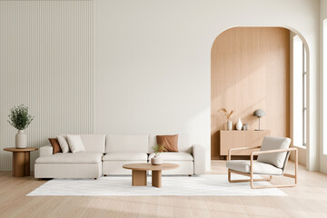 Bright and spacious living room featuring a beige sectional sofa, wooden coffee table, single armchair, and modern decor elements in a minimalist style. 3d render. © Washdog