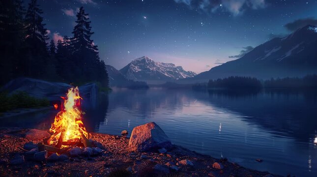 Bonfire by a lake under the night sky, creating a warm and serene outdoor landscape
 Seamless looping 4k time-lapse virtual video animation Generated AI