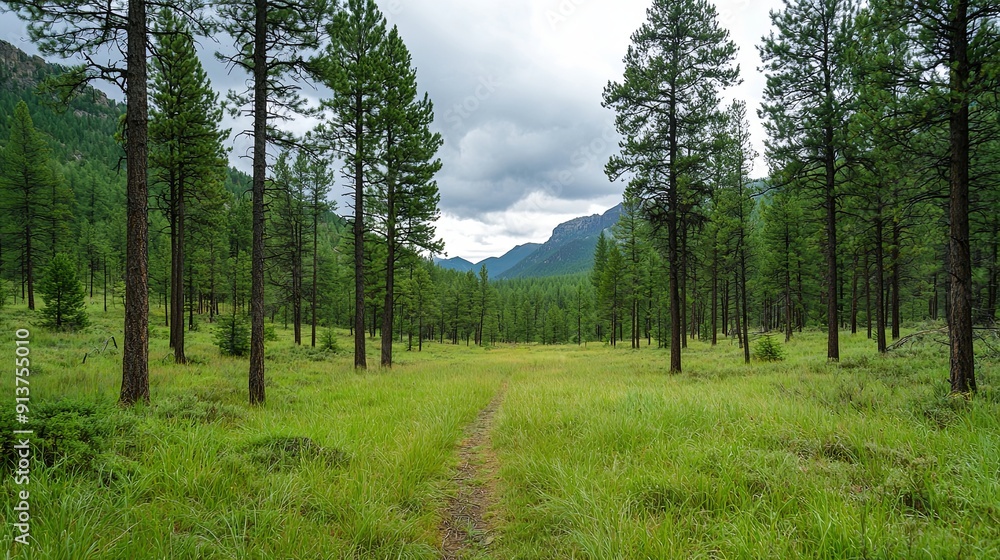 Poster a wide mountain landscape with untamed forest views, pine needles carpeting the forest floor, creati