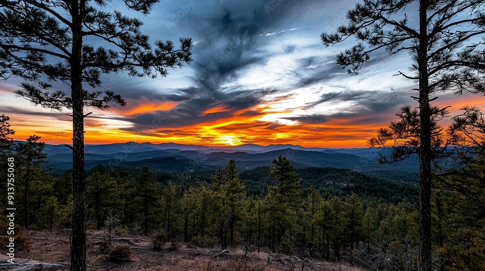 Poster sunset over an untamed forest with pine needles and expansive views of the natural landscape, creati