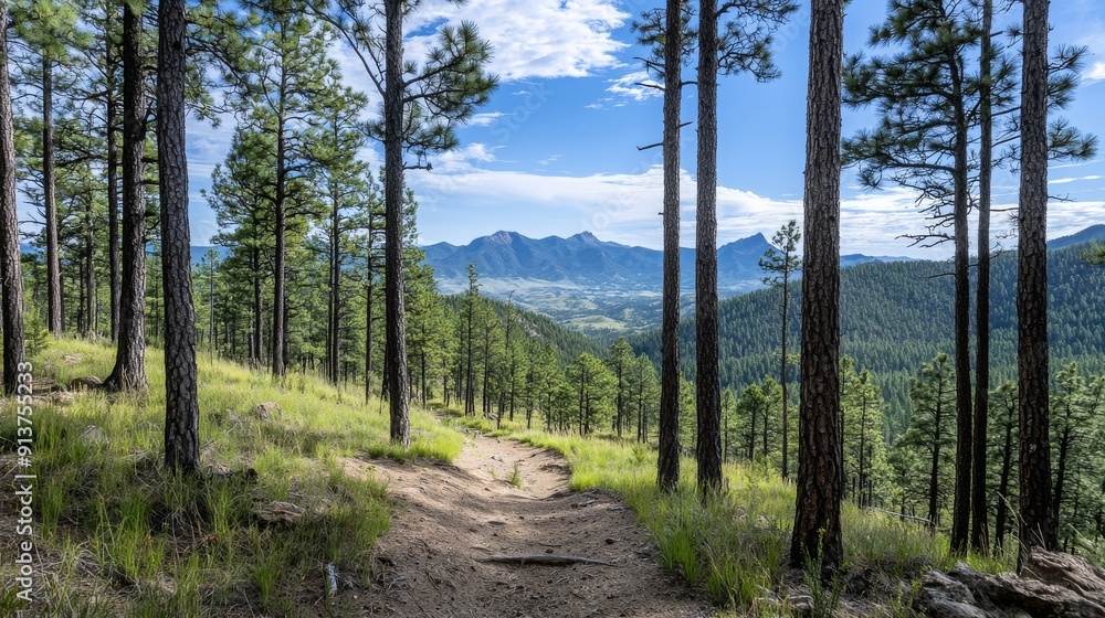 Poster sunlight filtering through an untamed pine forest, highlighting needles and expansive views of wild 