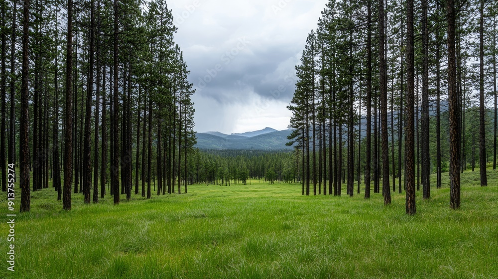 Poster untouched pine forest with needles and expansive views of the untamed landscape, offering a natural 