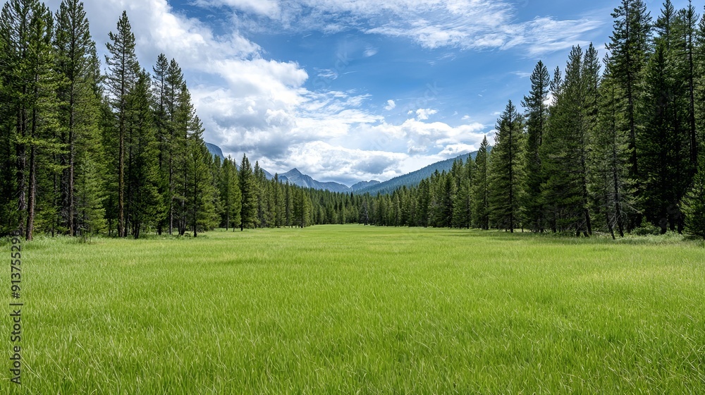 Poster expansive view of an untamed wilderness, featuring pine trees with needles and open skies, offering 