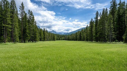 Expansive view of an untamed wilderness, featuring pine trees with needles and open skies, offering a serene setting with plenty of copy space for creative use