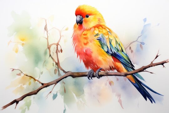 Artistic watercolor illustration of a colorful sun conure sitting on a branch with a soft background