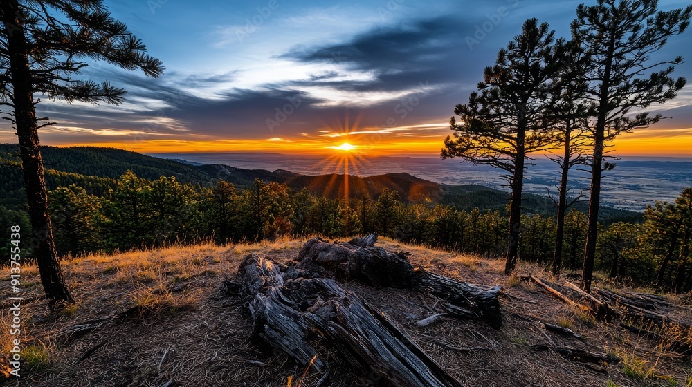 Poster sunset over an untamed forest with pine needles and expansive views of the natural landscape, creati