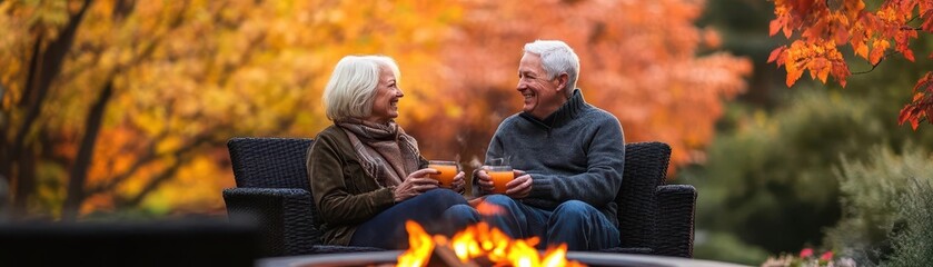 A cheerful elderly couple enjoys warm drinks by a cozy fire amidst vibrant autumn foliage, celebrating life and love.