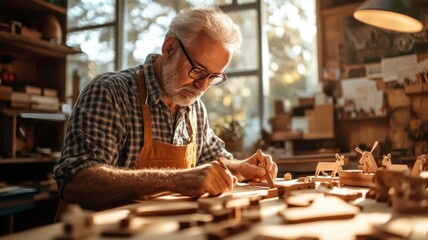 Focused craftsman creating wooden toys in a warm, sunlit workshop filled with intricate designs and tools.