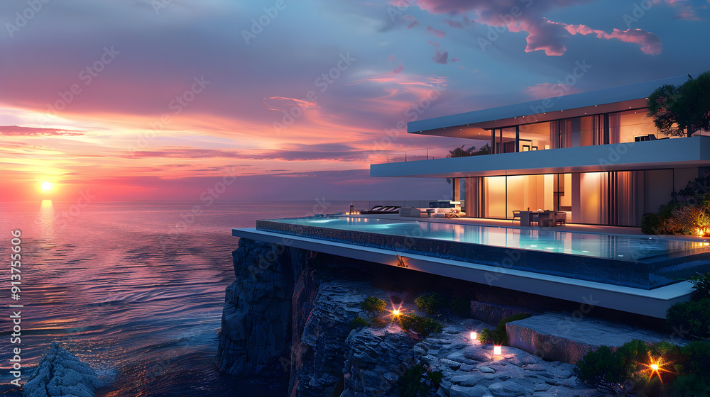 Canvas Prints Modern Cliffside Mansion with Infinity Pool at Sunset - 3D Illustration