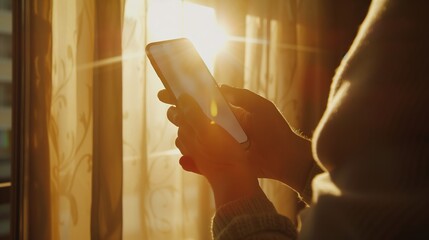Person Using Smartphone While Enjoying Golden Hour Light Through Sheer Curtains