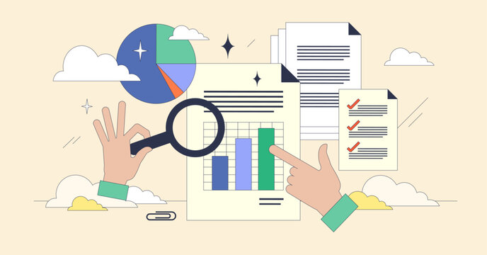 Document analysis or information report research tiny neubrutalism concept. Analyzing files with detailed data investigation and professional examination vector illustration. Business paperwork check