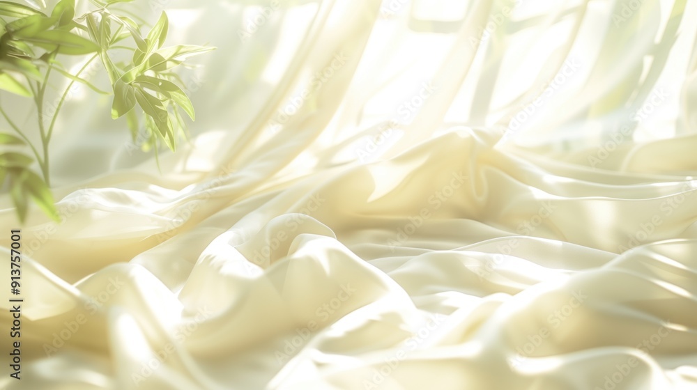 Aufkleber sunlit white silk fabric with leaf shadows creating a luxurious and serene atmosphere. concepts of e