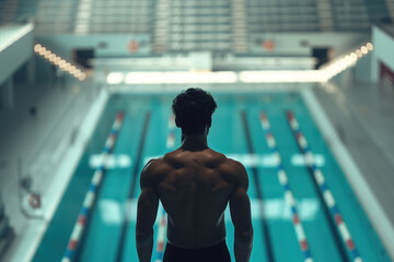 Fit man with muscular back stands at swimming pool edge in large indoor facility. Concepts of fitness, determination, and sports achievement.