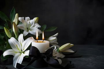 Burning candle, white lily flowers, and black funeral ribbon on a dark background with space for text