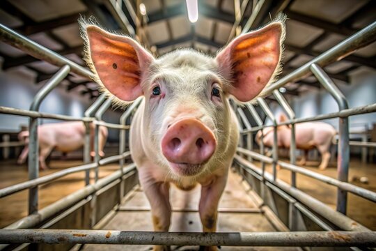 closeup of pig raised in industrial animal farm metal cage