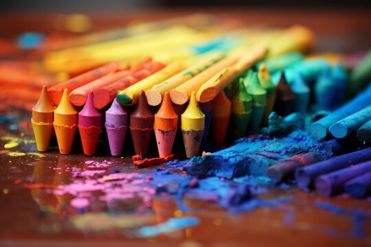 Close-up shot of colorful broken crayons and pastels with artistic mess