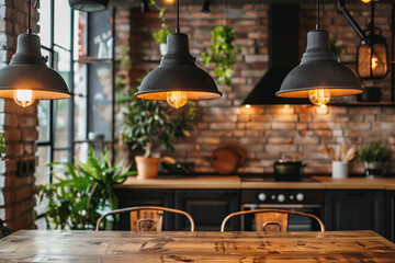 Industrial black look pendant lamps in a kitchen interior. Modern loft interior design.