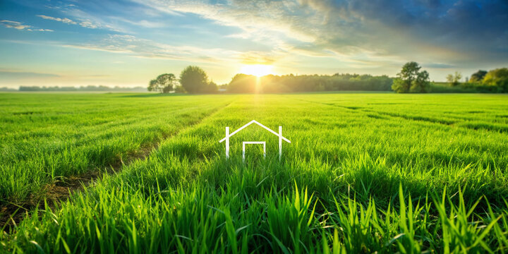 Vacant land on a serene green field, marked with a green home icon, represents a promising opportunity for building construction and land plot management.
