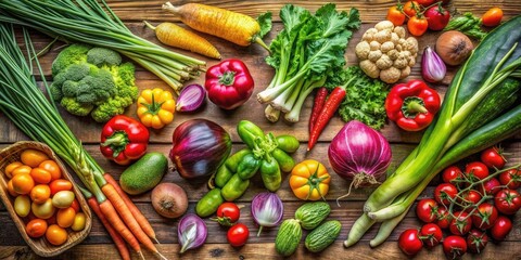 top view of diverse fresh veggies on wood table