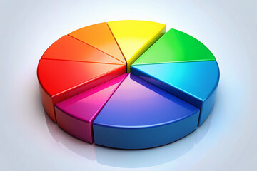 Vibrant 3D pie chart with multiple colored segments, gradient effects, and subtle shadows, ideal for illustrating business data, market trends, or statistical analysis results.