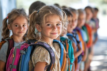 Children Eagerly Await School Entry with Joyful Faces and Full Backpacks