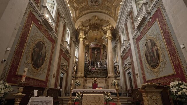 Ornate interior of Bom Jesus do Monte in Braga, Portugal, featuring Baroque and Rococo designs