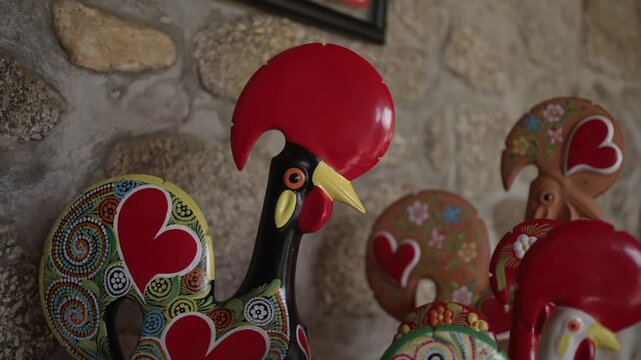 Vibrant, hand painted rooster figurines with heart motifs, set against a rustic stone wall