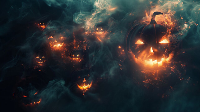 Abstract image of glowing jack-o'-lanterns surrounded by swirling mist and eerie light
