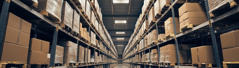 Obraz premium Neat warehouse with high metal shelves