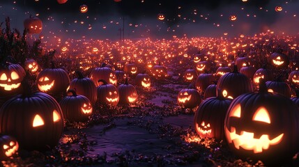 Fototapeta premium A field of glowing jack-o'-lanterns under a dark night sky.