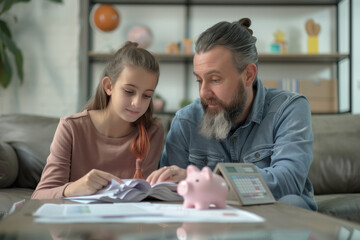 Father with gray beard helping daughter with homework at home while using calculator on the coffee table. This image highlights family bonding, education, and parental involvement in learning.