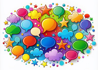 Vibrant colorful speech bubbles in various shapes and sizes filled with conversation words, creating a playful and engaging visual expression of thoughts and ideas.