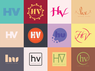 HV logo company template. Letter h and v logotype. Set different classic serif lettering and modern bold text with design elements. Initial font typography.