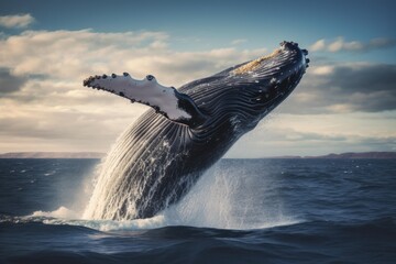Fototapeta premium Stunning humpback whale leaps from ocean waters under a vast sky, showcasing its grandeur