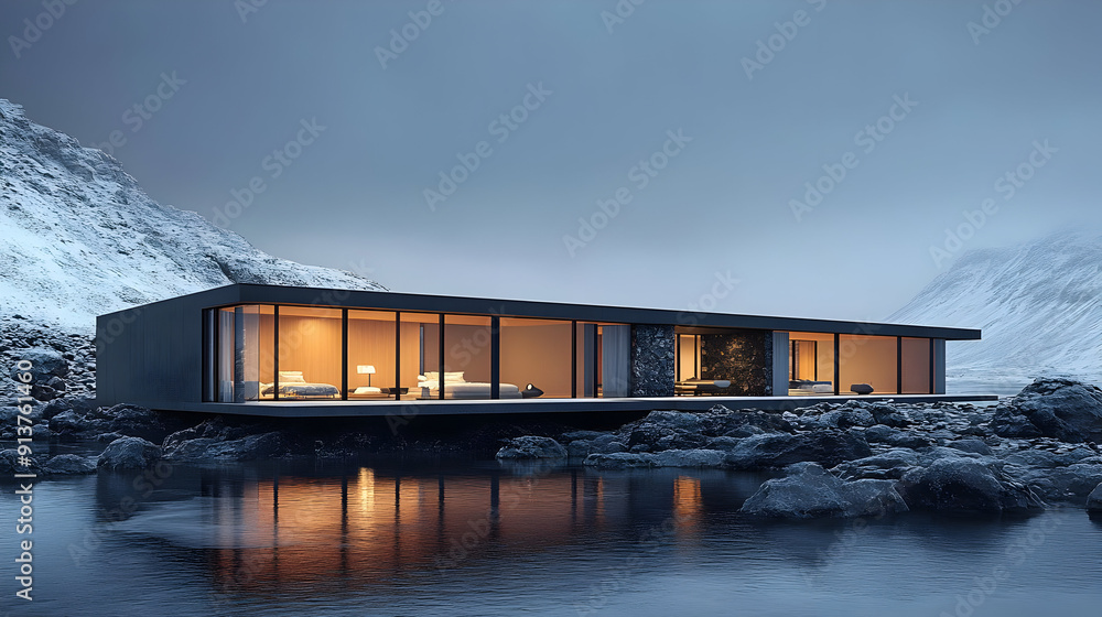 Poster Modern house with large windows overlooking a still lake.