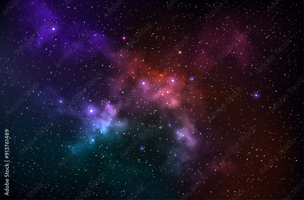 Poster vector colorful abstract universe backgroud with galaxies and glowing stars