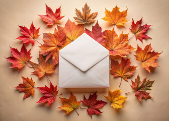 Obraz premium Vibrant dried red maple leaves surround a crisp white envelope on a soft pastel background, evoking cozy autumnal feelings and warm seasonal greetings.