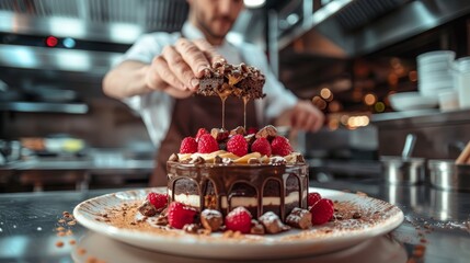  A man drizzles chocolate over a cake topped with raspberries
