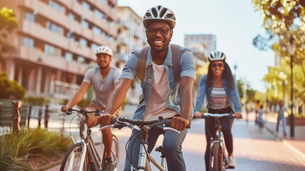 Three friends enjoy cycling together in a vibrant urban environment under clear blue skies