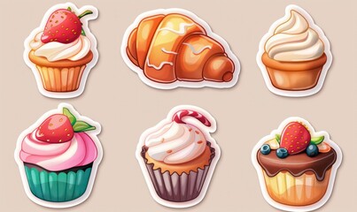 Bakery and pastry watercolor food illustration set on white background. Watercolor pastries clipart: croissant, cupcake, sticker set. Generative AI