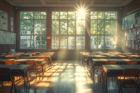 Serene Classroom Setting: Empty Desks Awaiting Students with Soft Natural Light