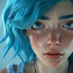 A young animated female with striking blue hair and intense blue eyes, her face sprinkled with freckles and a look of wonder.