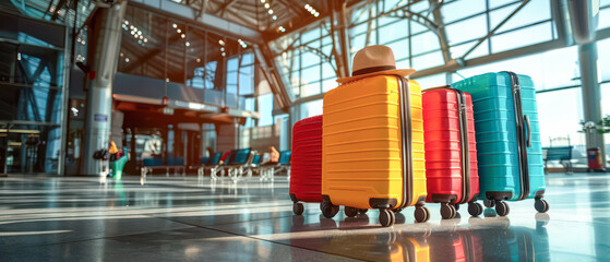 Colorful luggage waiting at an airport terminal with an airplane in the background. Generative AI