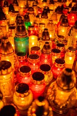 All Saints Day: HDRi Candles and Lanterns in a Cemetery at Night - 4K Image
