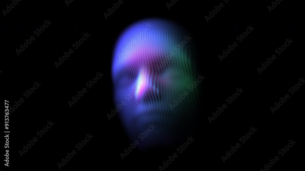 Poster digital 3d face made up of glowing dots turns in different directions. abstract concept of artificia