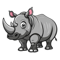 Fototapeta premium Cartoon illustration of a gray rhinoceros with a pink ear and a large horn, generative ai image