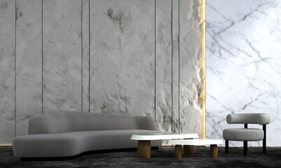 Modern cozy living room and concrete wall texture background interior design. 3D rendering
